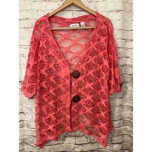 Le Moda Top Womens XL Lagenlook Pink Crochet Mesh Large Button Flowy Layering